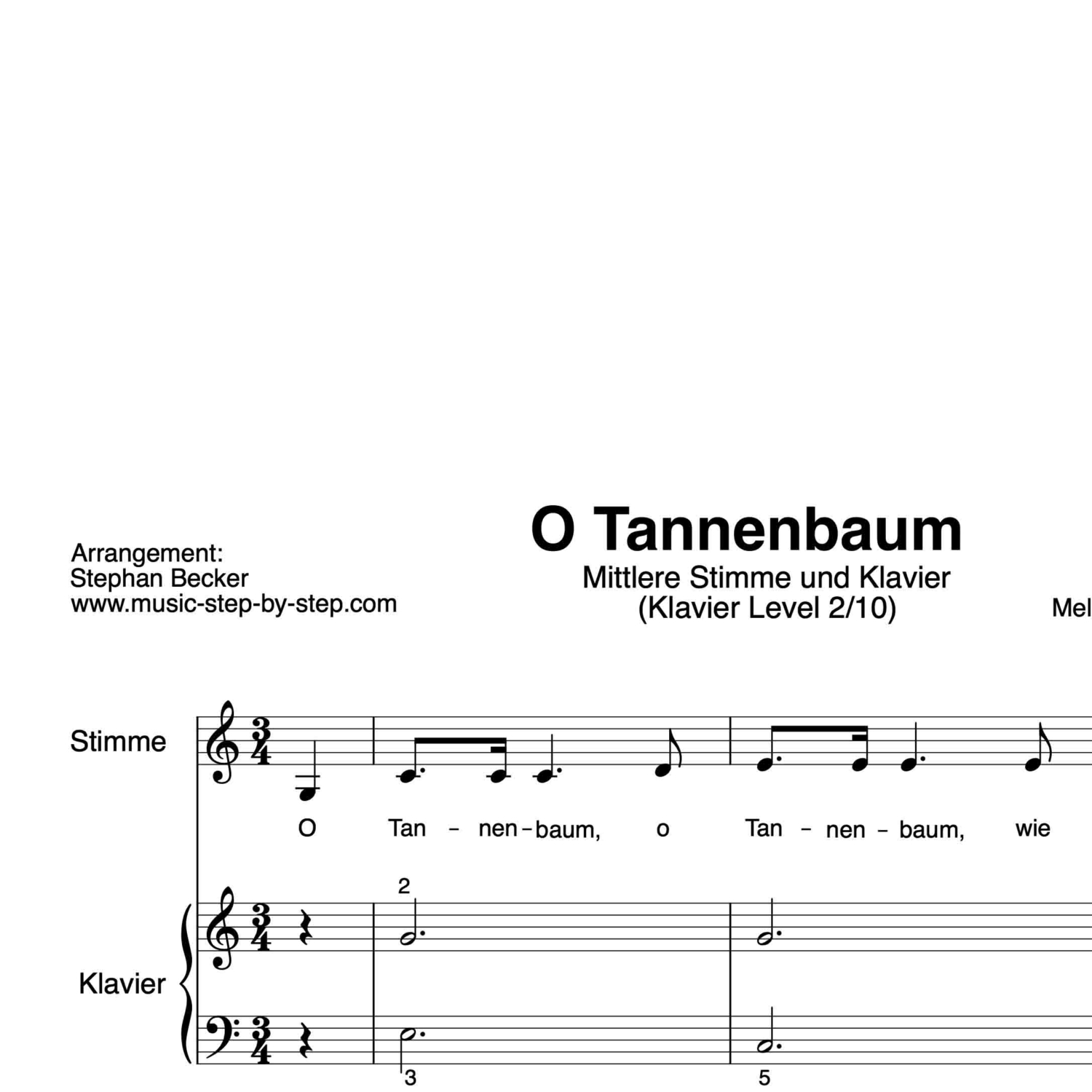 "O Tannenbaum" für mittlere Stimme (Klavierbegleitung Level 2/10