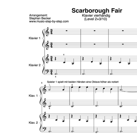 "Scarborough Fair" für Klavier vierhändig (Level 2+3/10) | inkl. Audio, Text und Playalong