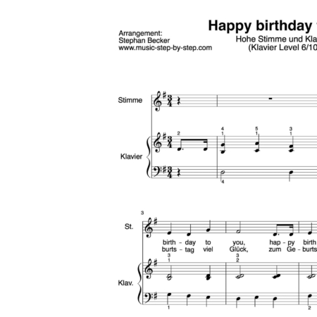 "Happy birthday to you" für hohe Stimme (Klavierbegleitung Level 6/10) | inkl. Aufnahme, Text und Playalong music-step-by-step