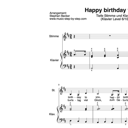 "Happy birthday to you" für tiefe Stimme (Klavierbegleitung Level 6/10) | inkl. Aufnahme, Text und Playalong music-step-by-step