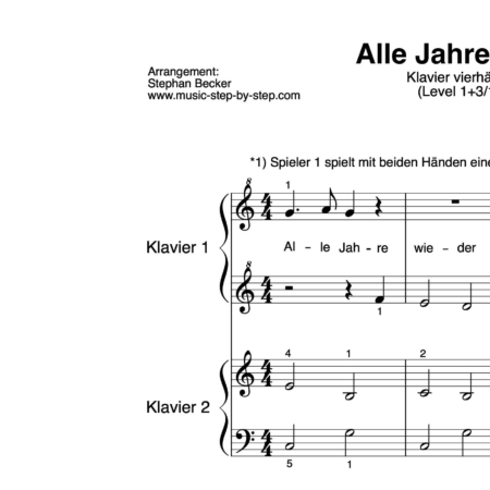 "Alle Jahre wieder" für Klavier vierhändig (Level 1+3/10) | inkl. Aufnahme, Text und 2 Playalongs music-step-by-step