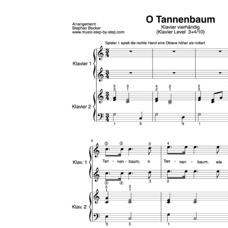 “O Tannenbaum” für Klavier vierhändig (Level 3+4/10) | inkl. Aufnahme, Text und Playalong by music-step-by-step