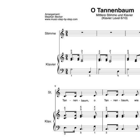 “O Tannenbaum” für Gesang, mittlere Stimme (Klavierbegleitung Level 6/10) | inkl. Aufnahme, Text und Begleitaufnahme by music-step-by-step