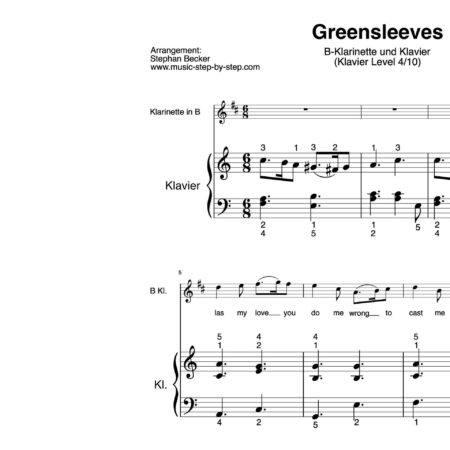 “Greensleeves” für Klarinette in B (Klavierbegleitung Level 4/10) | inkl. Aufnahme, Text und Begleitaufnahme by music-step-by-step