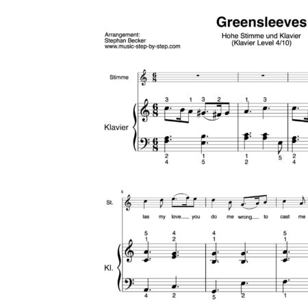 “Greensleeves” für Gesang, hohe Stimme (Klavierbegleitung Level 4/10) | inkl. Aufnahme, Text und Begleitaufnahme by music-step-by-step