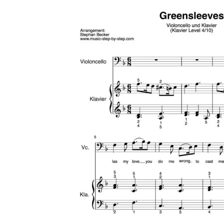 “Greensleeves” für Cello (Klavierbegleitung Level 4/10) | inkl. Aufnahme, Text und Begleitaufnahme by music-step-by-step