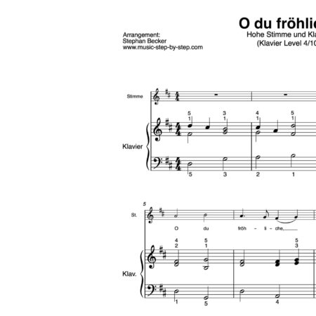 “O du fröhliche” für Gesang, hohe Stimme (Klavierbegleitung Level 4/10) | inkl. Aufnahme, Text und Begleitaufnahme by music-step-by-step