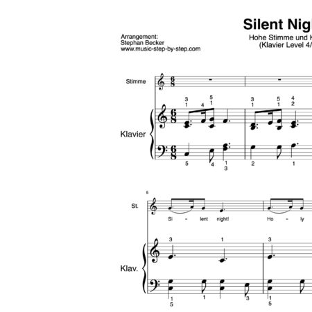 “Silent Night” für Gesang, hohe Stimme (Klavierbegleitung Level 4/10) | inkl. Aufnahme, Text und Begleitaufnahme by music-step-by-step