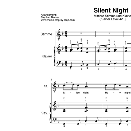 “Silent Night” für Gesang, mittlere Stimme (Klavierbegleitung Level 4/10) | inkl. Aufnahme, Text und Begleitaufnahme by music-step-by-step