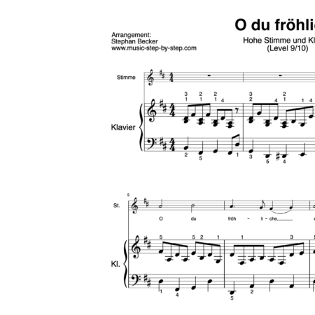 “O du fröhliche” für Gesang, hohe Stimme (Klavierbegleitung Level 9/10) | inkl. Aufnahme, Text und Begleitaufnahme music-step-by-step